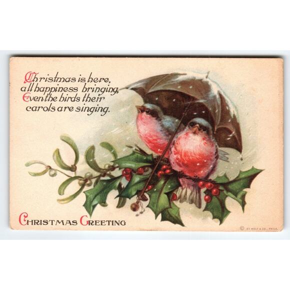 Vintage Christmas Postcard with Birds Under Umbrella & Holly by Wolf & Co. - Picture 1 of 2